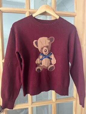 Willow & Wind Sweater Womens Small Burgundy Teddy Bear Crewneck Knit Pullover
